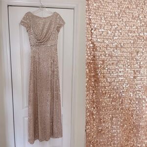 Adrianna Papell Maxi Long Sequin Gown Formal Cap Sleeves Rose Blush Champagne 4
